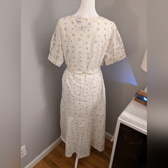 Loft - Puff Sleeve Midi Dress - Cream with Black Geometric Pattern - Size 10 - Picture 2 of 3